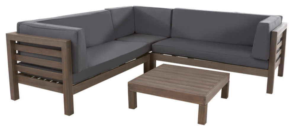 GDF Studio Oana Outdoor 5 Seater V Shaped Acacia Wood Sectional Sofa Set, Gray/Dark Gray