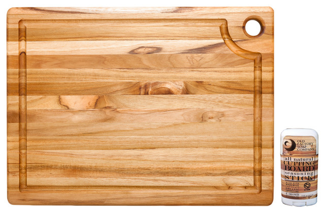 TeakHaus Edge Grain Teak 16x12" Juice Grooved Cutting Board w/Seasoning Stick