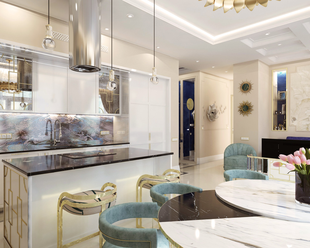 Вид на гостиную (зона кухни и столовой)