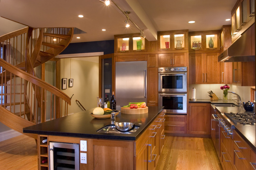 Design ideas for a transitional kitchen in San Francisco with shaker cabinets and stainless steel appliances.