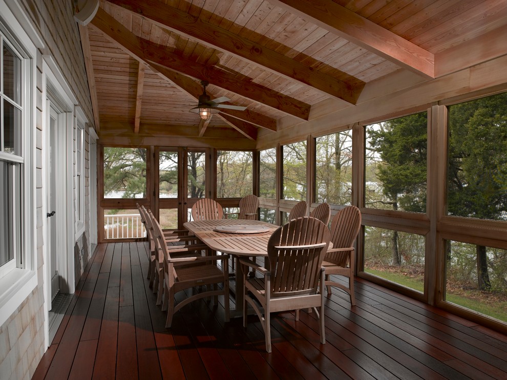 Inspiration for a mid-sized country side yard deck in New York with a roof extension.