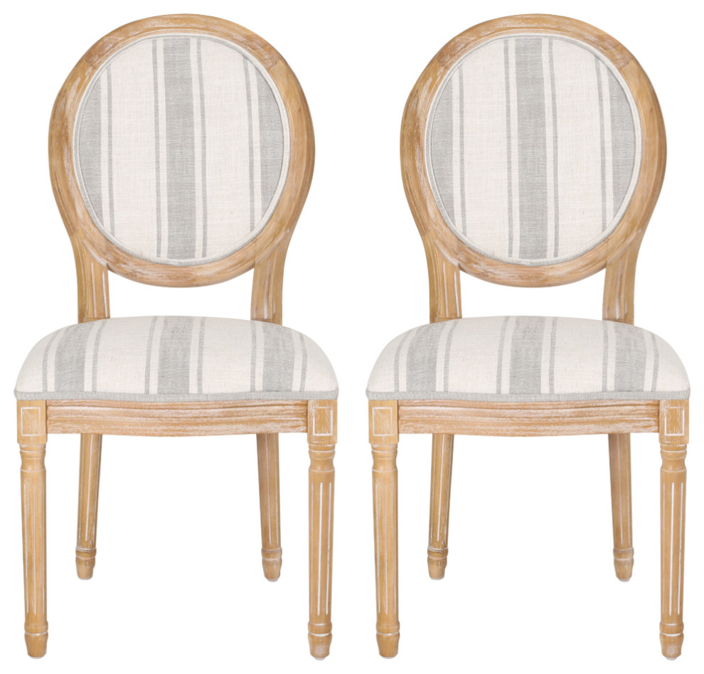 Lariya French Country Fabric Dining Chairs (Set of 2), Grey Line + Natural, Two (2) Dining Chairs