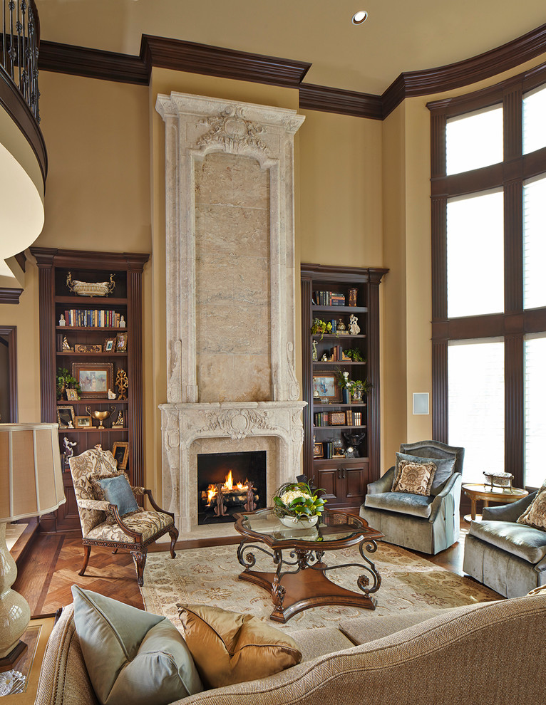 Design ideas for a traditional formal open concept living room in Dallas with beige walls, medium hardwood floors, a standard fireplace and a stone fireplace surround.