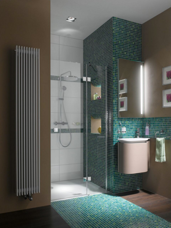 Photo of a mid-sized contemporary master bathroom in Other with an alcove shower, mosaic tile, blue tile, blue walls, mosaic tile floors and a wall-mount sink.