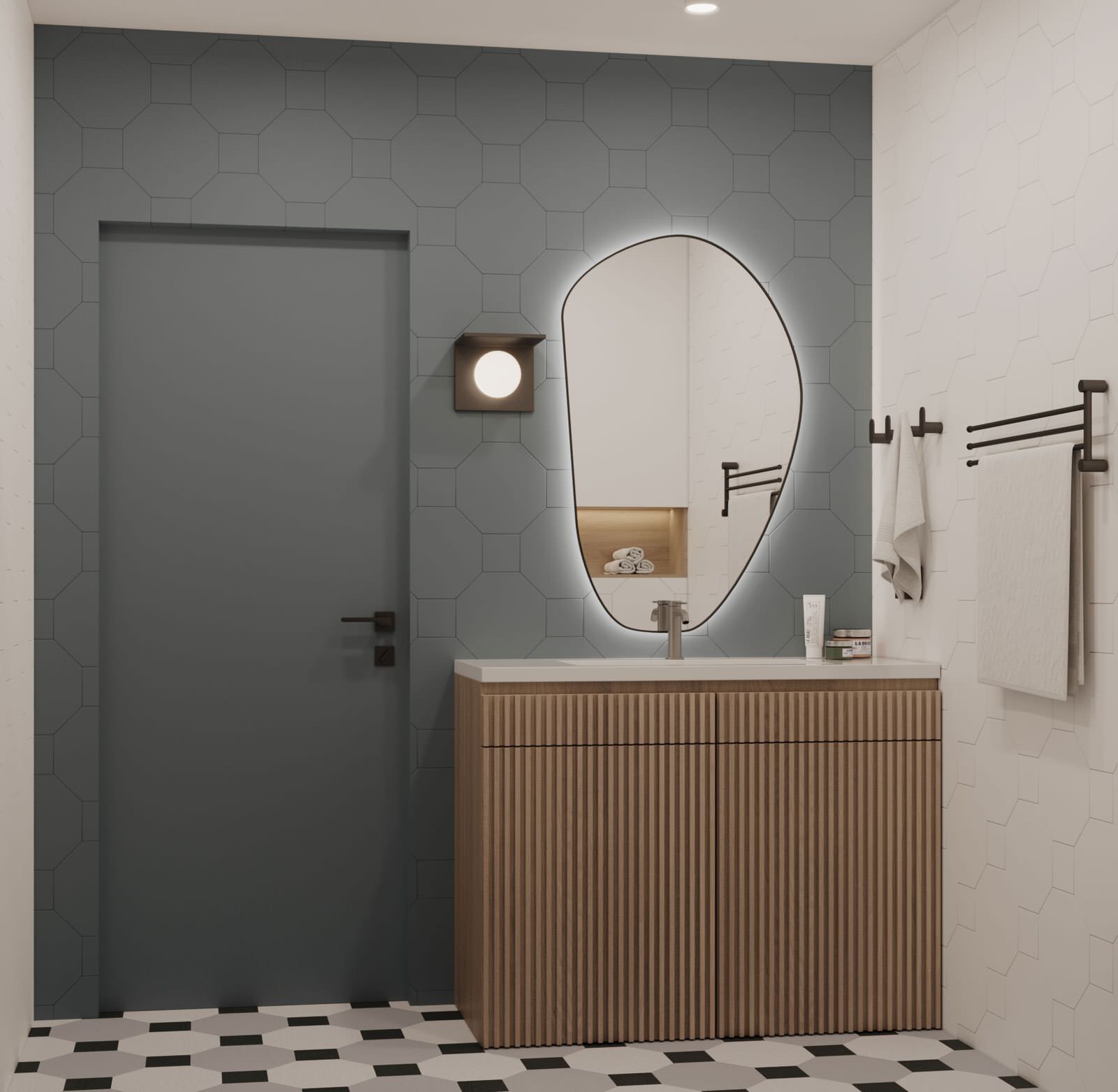 Современный интерьер с яркими акцентами и геометрическими формами