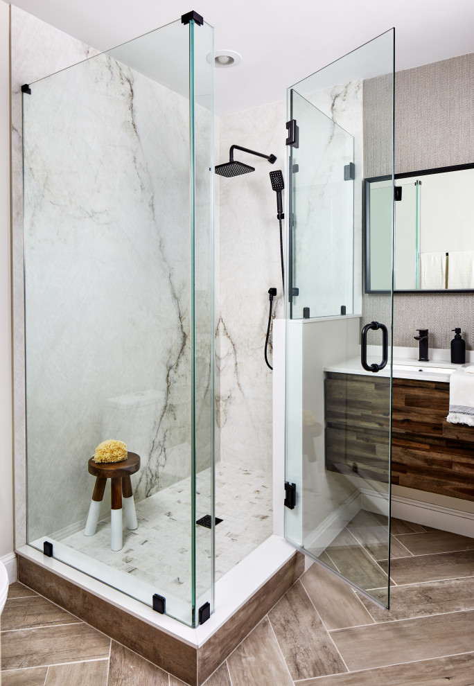 Photo of a mid-sized contemporary master bathroom in DC Metro with flat-panel cabinets, dark wood cabinets, an alcove shower, gray tile, limestone, grey walls, porcelain floors, an undermount sink, engineered quartz benchtops, grey floor, a hinged shower door, white benchtops, a double vanity and a floating vanity.