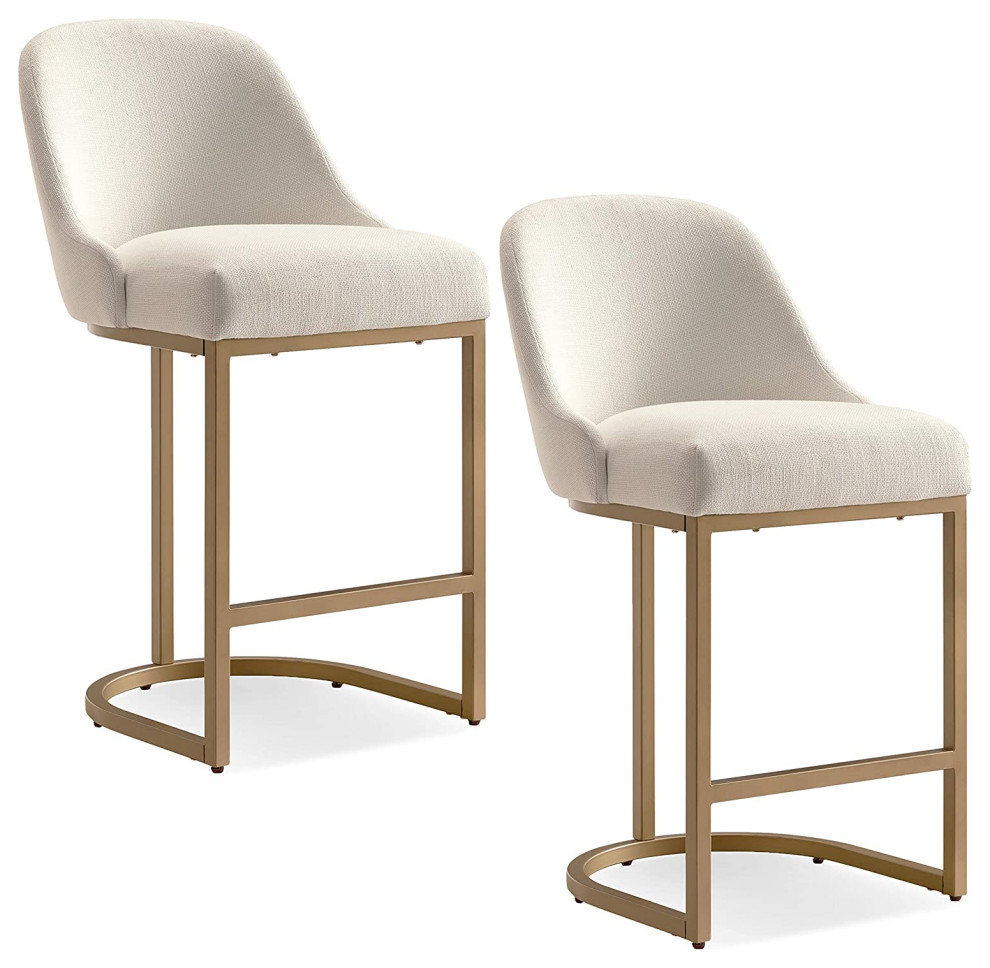 Set of 2 Counter Stool, Linen Seat With Comfortable Barrel Back