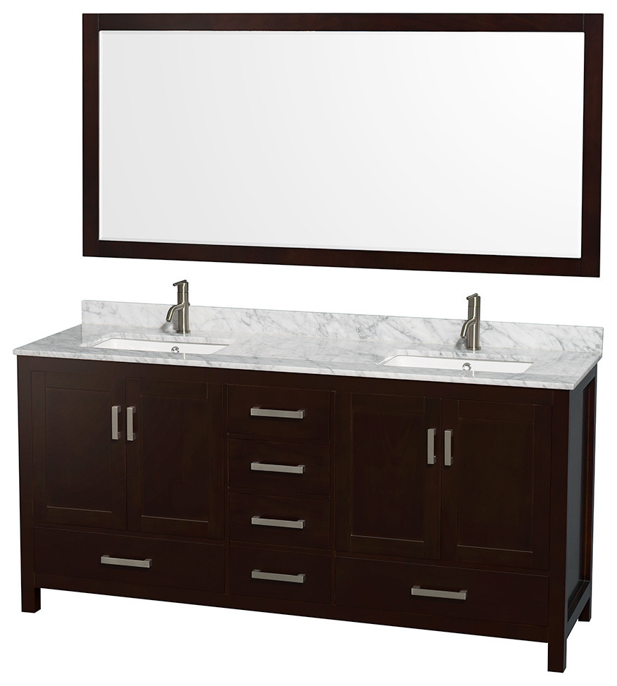 Sheffield 72" Double Vanity, White Carrera Marble Top, Undermount