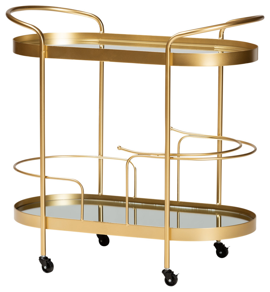 Shirlene Modern Glam Brushed Gold Metal and Mirrored Glass 2-Tier Bar ...