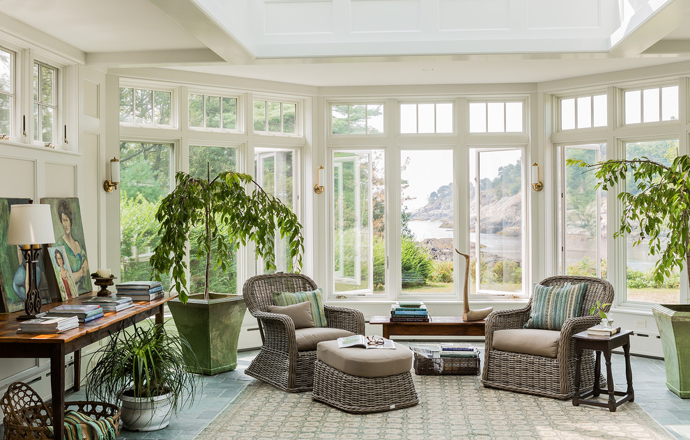 Design ideas for a large beach style sunroom in Boston with no fireplace, slate floors, a skylight and grey floor.