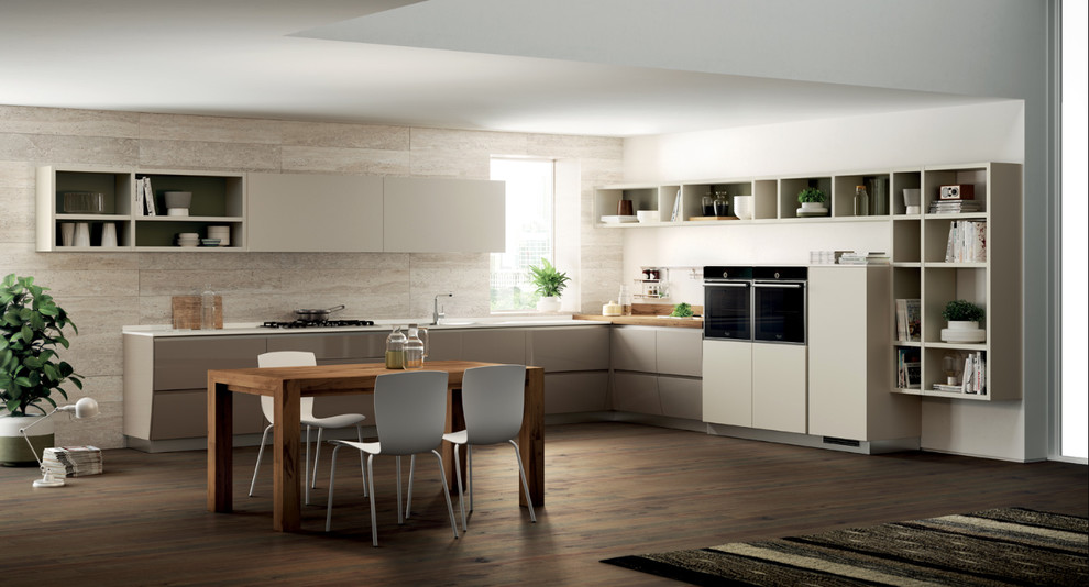 Design ideas for an expansive modern single-wall eat-in kitchen in Perth with a double-bowl sink, recessed-panel cabinets, white cabinets, quartz benchtops, white splashback, stainless steel appliances and ceramic floors.