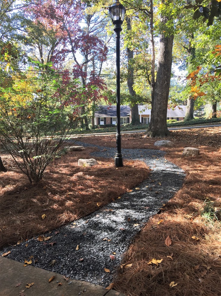 Slate Chip Path & Seating Area, Wooden Benches, Ornamental Mossy Boulders