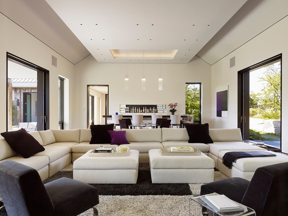 Photo of a contemporary open concept living room in San Francisco with a home bar and beige walls.