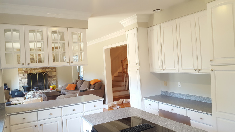 This is an example of a large traditional galley eat-in kitchen in Raleigh with beaded inset cabinets, white cabinets and with island.