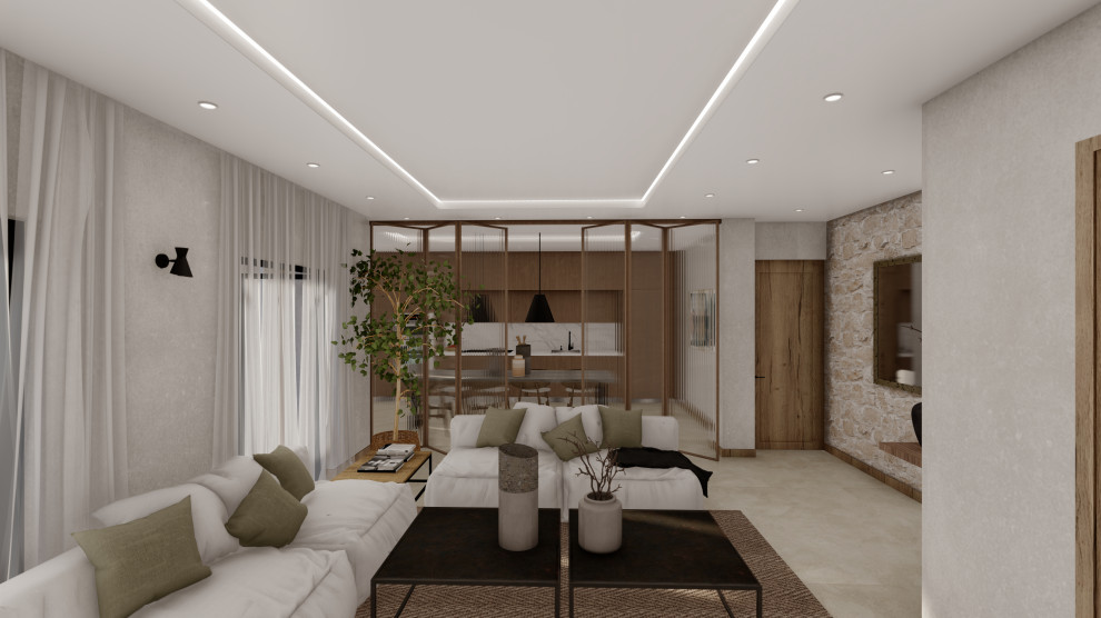 Источник вдохновения для домашнего уюта: открытая гостиная комната в средиземноморском стиле с полом из керамогранита, телевизором на стене и бежевым полом