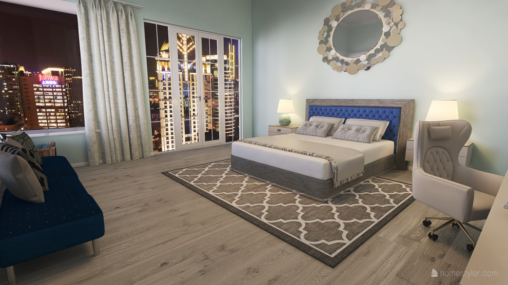 Design ideas for a beach style master bedroom in Omaha with blue walls, light hardwood floors and grey floor.