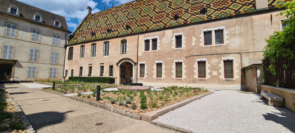 This is an example of a mid-sized contemporary courtyard full sun garden in Dijon with a garden path, with rock feature and gravel.