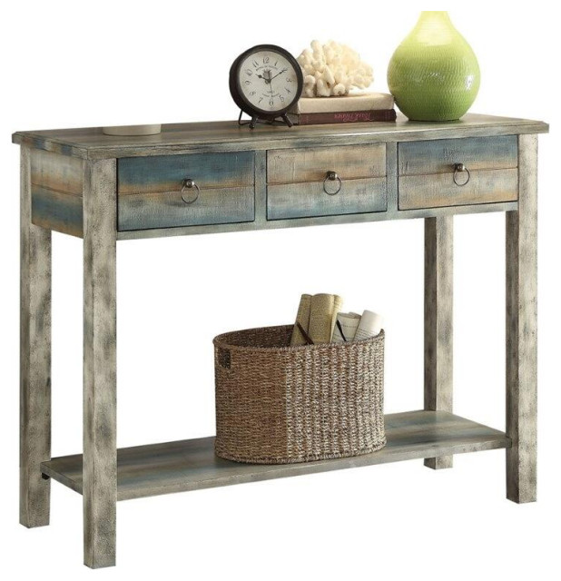 42"x16"x32" Antique White and Teal Wooden Console Table Farmhouse