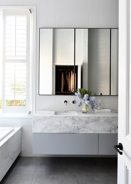 Gray Bathroom Vanity Inspirations: Floating Vanity with a Marble Top