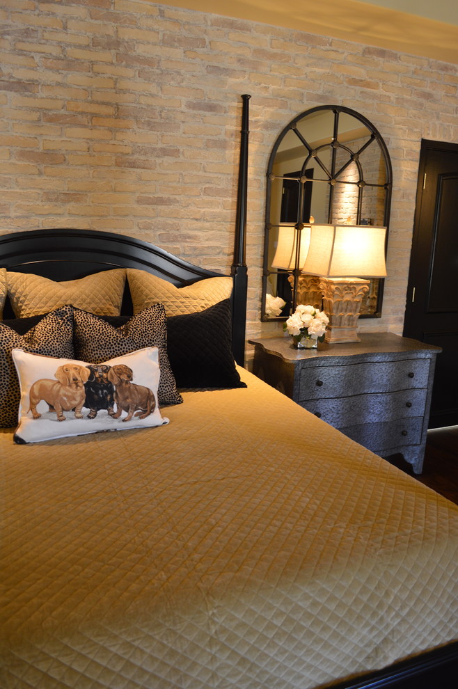Inspiration for a large transitional master medium tone wood floor bedroom remodel in Phoenix with beige walls