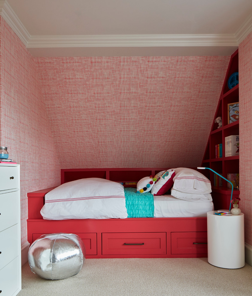 Elegant girl carpeted kids' room photo in Chicago with multicolored walls