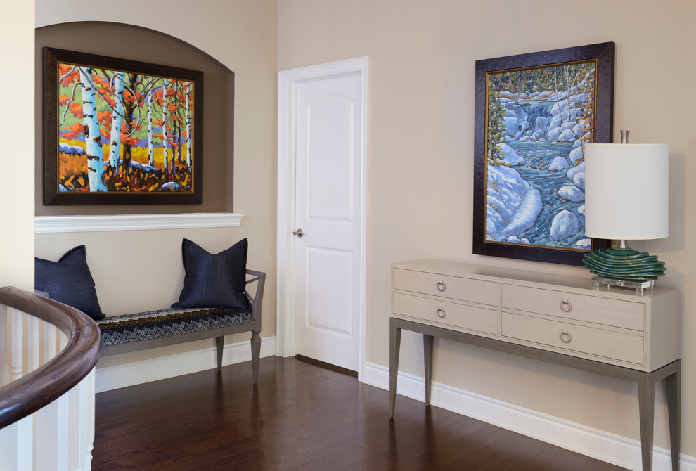 Mid-sized transitional dark wood floor hallway photo in Toronto with beige walls