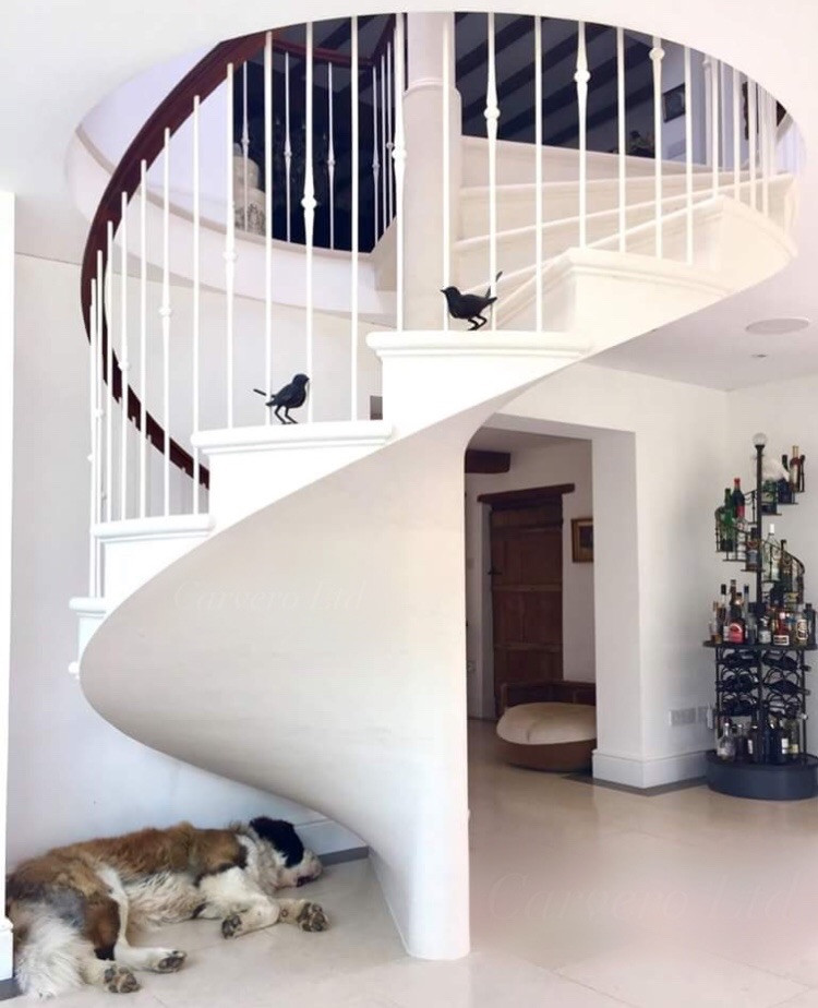 Staircase - small contemporary limestone spiral metal railing staircase idea in Other with limestone risers