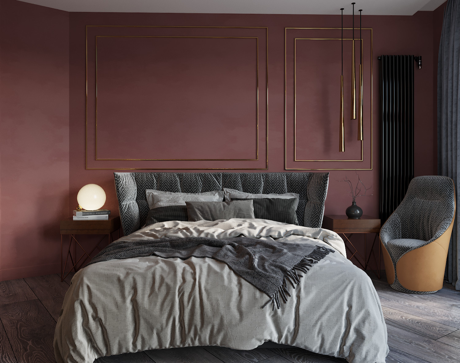 Спальня с темной стеной в изголовье и молдингами.