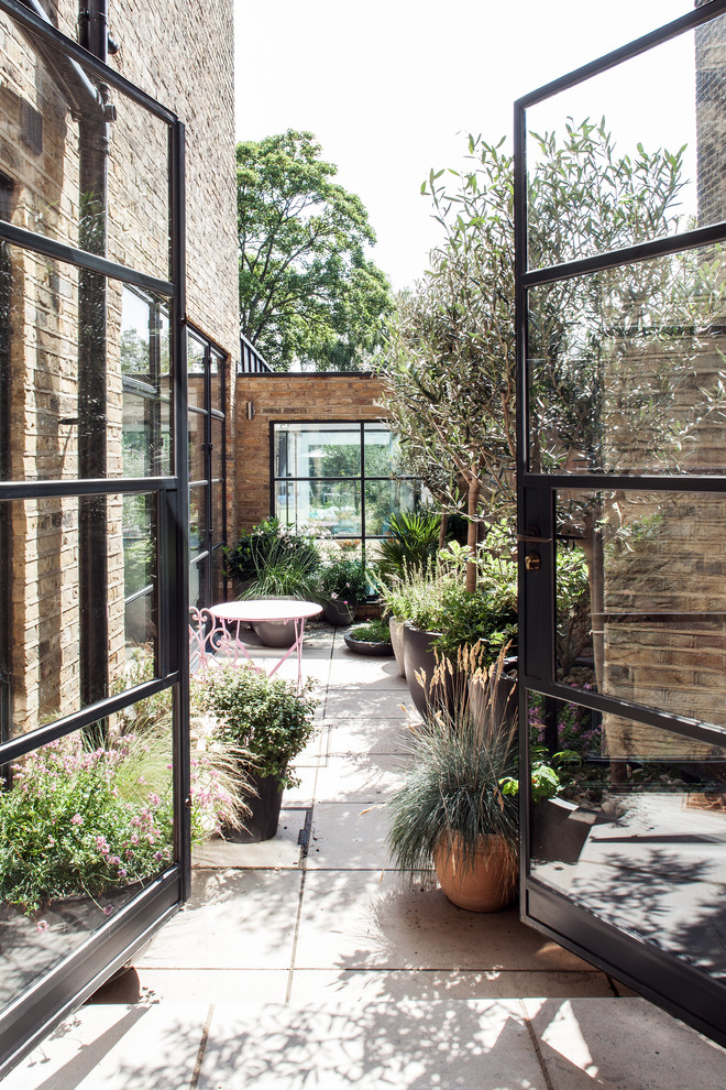 Inspiration for a contemporary courtyard patio in London with concrete pavers and no cover.