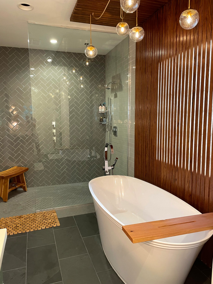 Design ideas for a modern ensuite bathroom in Other with grey tiles, an open shower and wood walls.