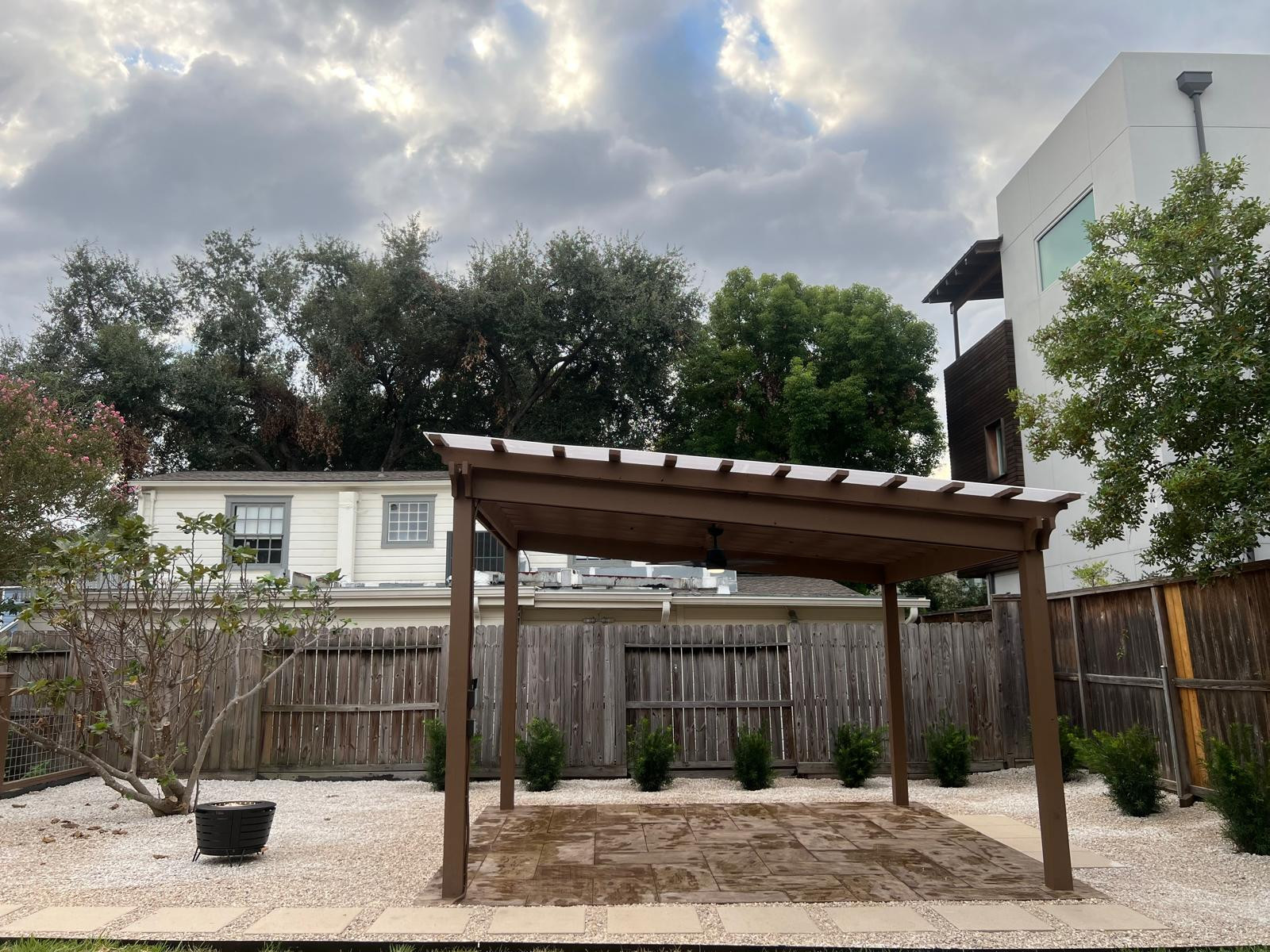 Beautiful stamped concrete patio with Pergola Cover on Haddon st!