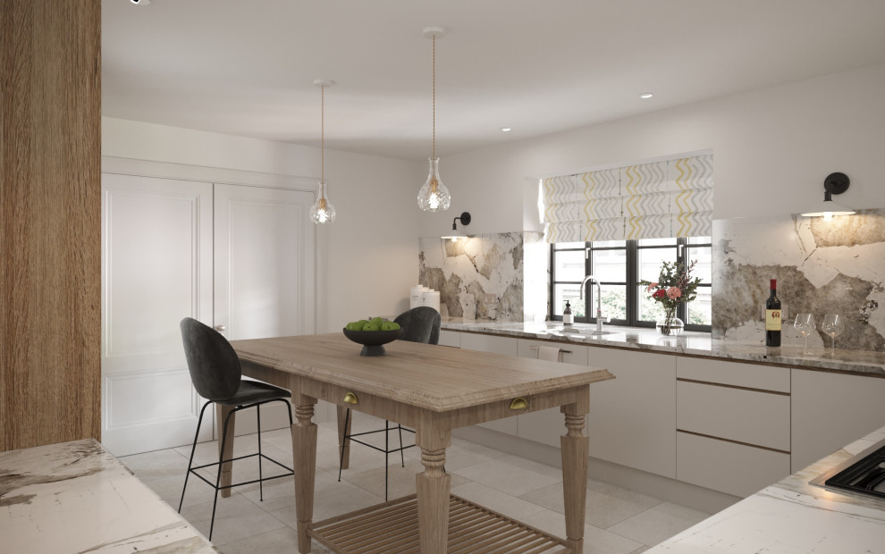 Design ideas for a large contemporary u-shaped enclosed kitchen in Other with a submerged sink, flat-panel cabinets, medium wood cabinets, marble worktops, white splashback, marble splashback, stainless steel appliances, limestone flooring, an island, beige floors, white worktops and a chimney breast.