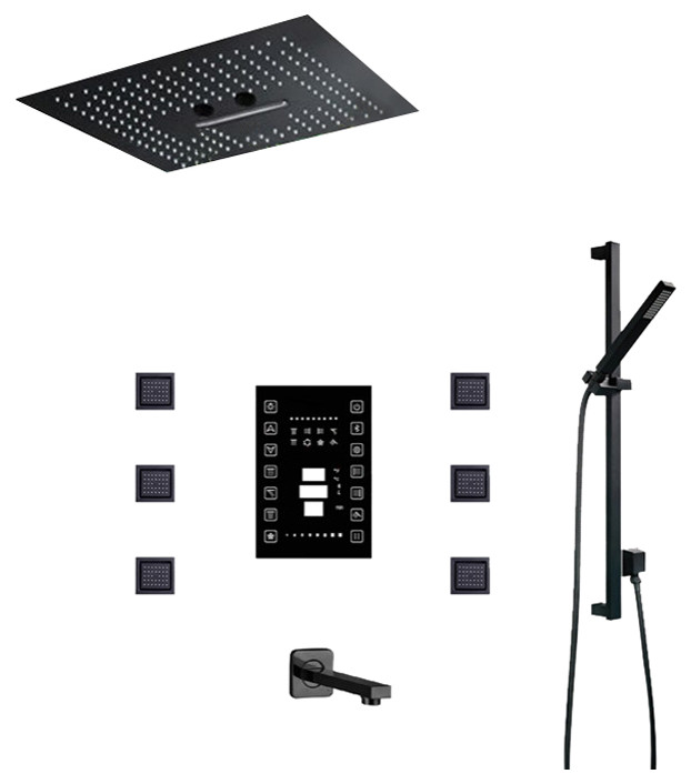 Led 16" Matte Black LED Remote Controlled Rainfall Shower System, 6