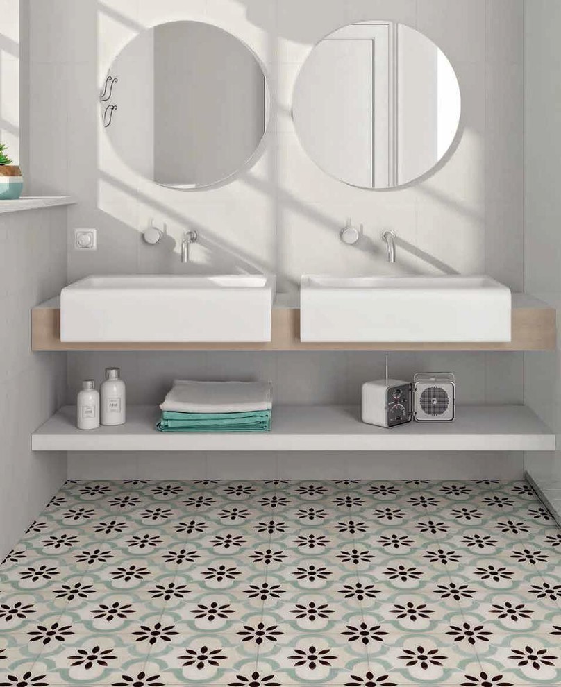Inspiration for a mediterranean bathroom in Other with white tile, ceramic tile, white walls, porcelain floors, a trough sink and blue floor.
