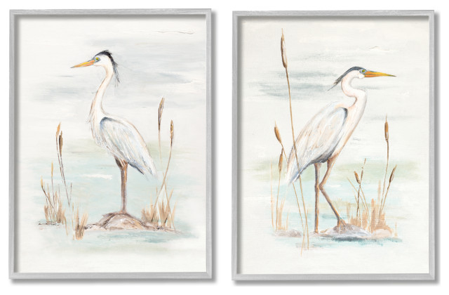 Elegant Heron Birds Cattails Plants In Water Painting, 2pc, each 24 x 30