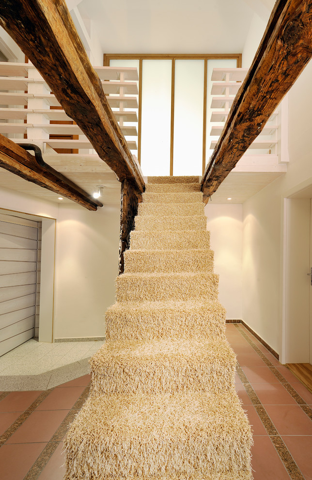 Inspiration for a small contemporary carpeted straight staircase in Other with carpet risers.