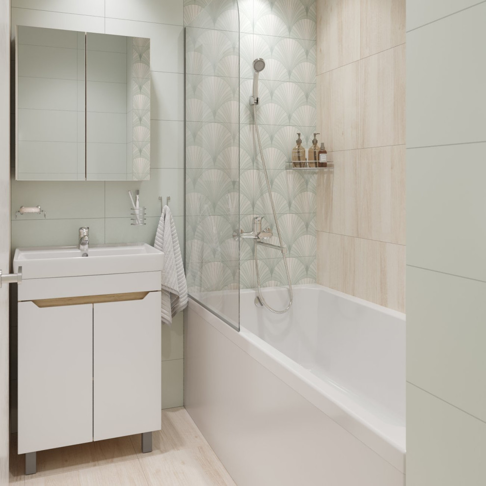 Светлая ванная комната (2,94 кв. м) в современном стиле ; Открывает новую вкладк