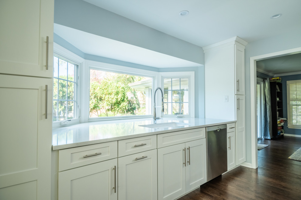 Kitchen - mid-sized transitional dark wood floor and brown floor kitchen idea in Chicago with an undermount sink, shaker cabinets, white cabinets, quartz countertops, gray backsplash, mosaic tile backsplash, stainless steel appliances, an island and white countertops