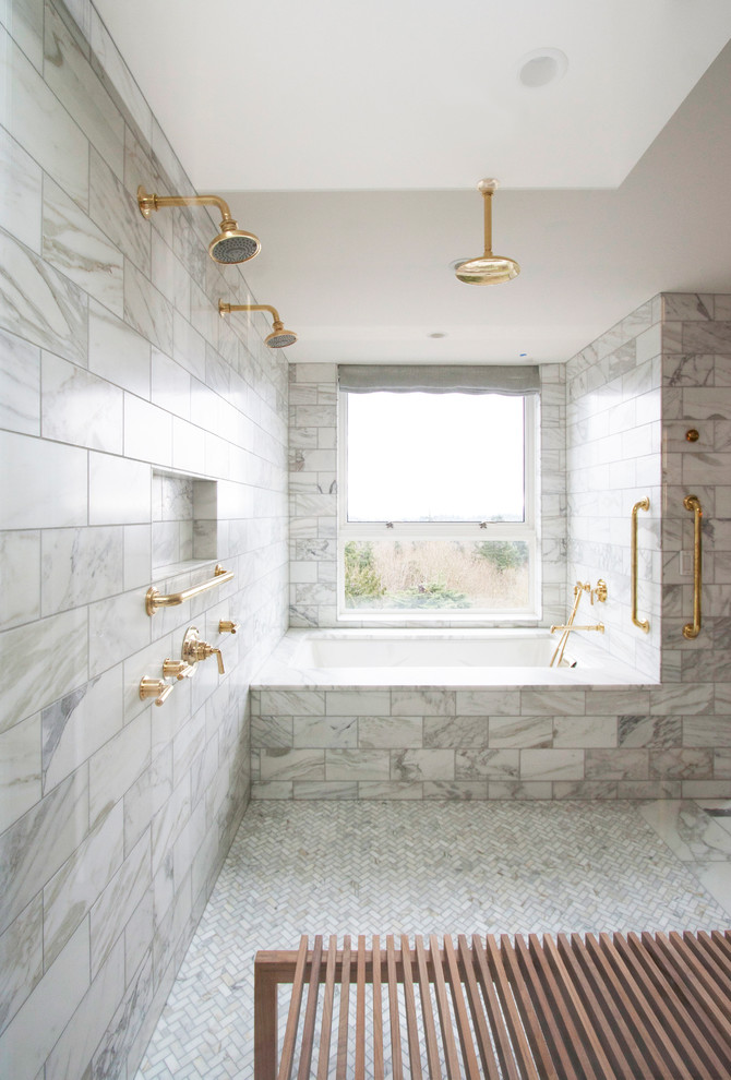 Inspiration for a large contemporary master bathroom in Portland with open cabinets, light wood cabinets, an open shower, black and white tile, marble, green walls, marble floors, an integrated sink, marble benchtops, an undermount tub and an open shower.