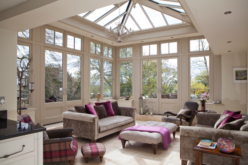 Design ideas for a large traditional sunroom in Other with limestone floors, no fireplace and a glass ceiling.