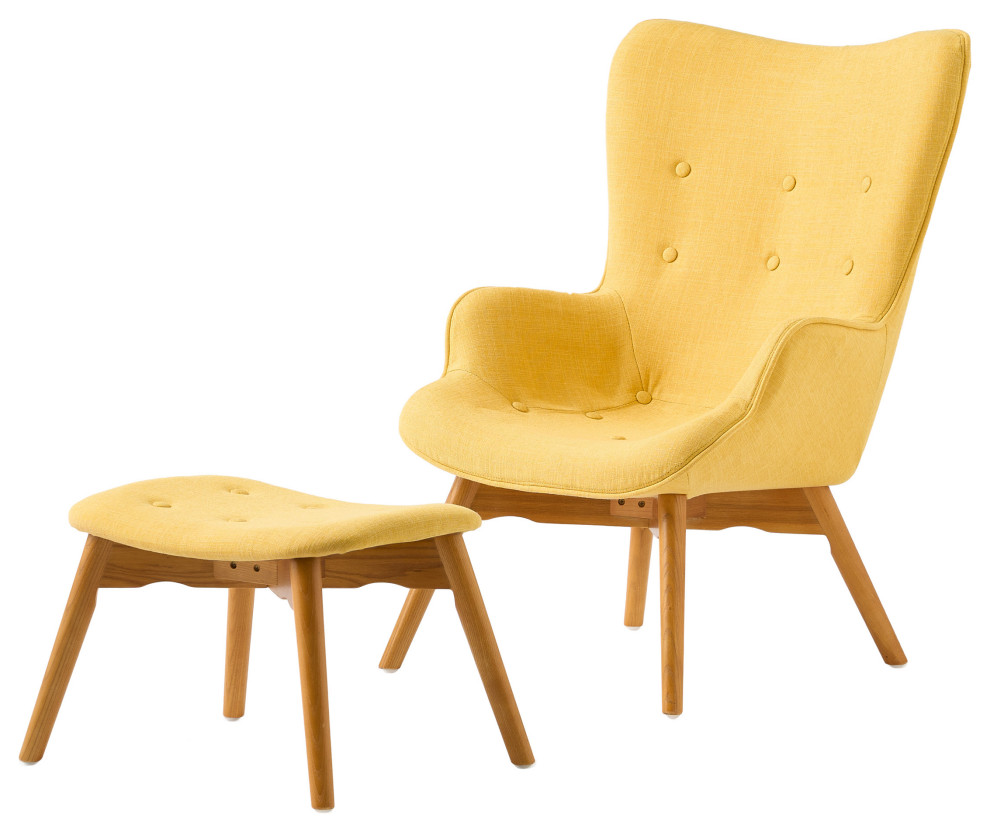 Hariata Mid-Century Modern Wingback Chair and Ottoman Set, Muted Yellow