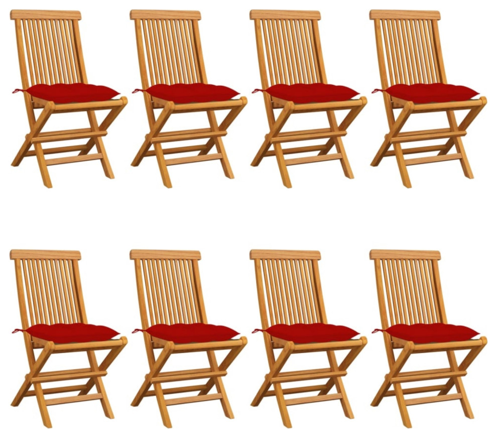 Vidaxl Garden Chairs With Red Cushions, Set of 8 Contemporary Outdoor Folding Chairs by