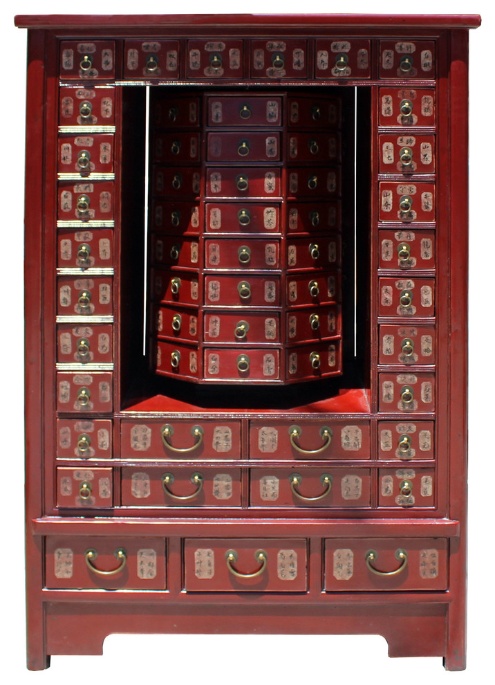 Chinese Distressed Red 95 Drawers Medicine Apothecary Cabinet