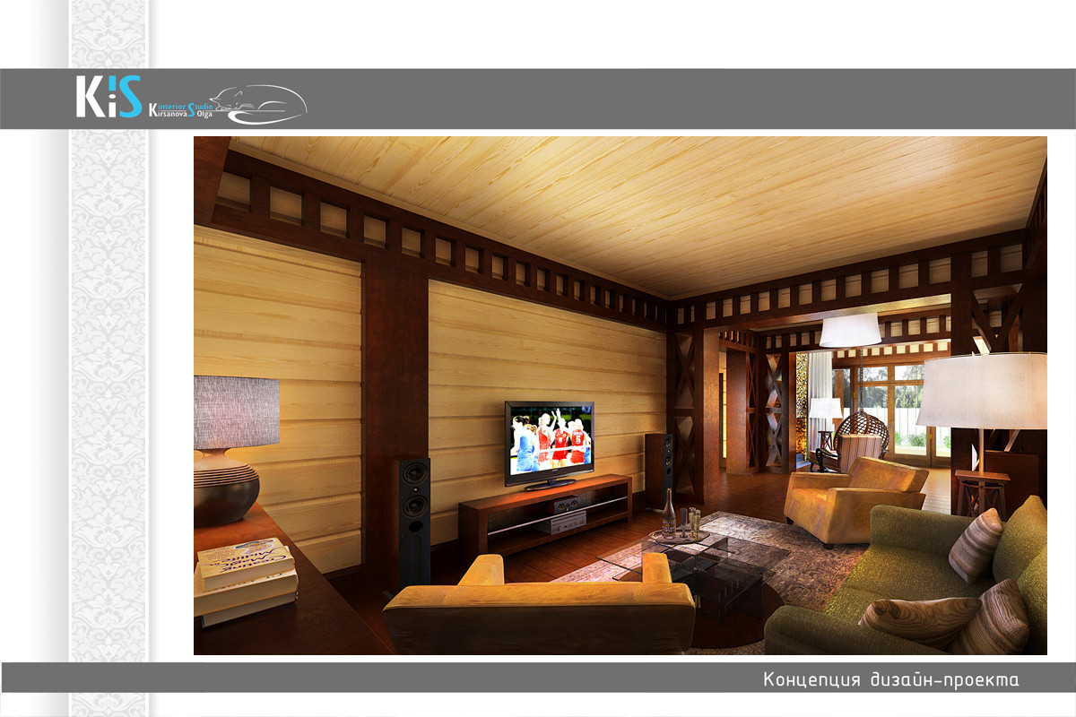 Дизайн проект гостиной в коттедже.