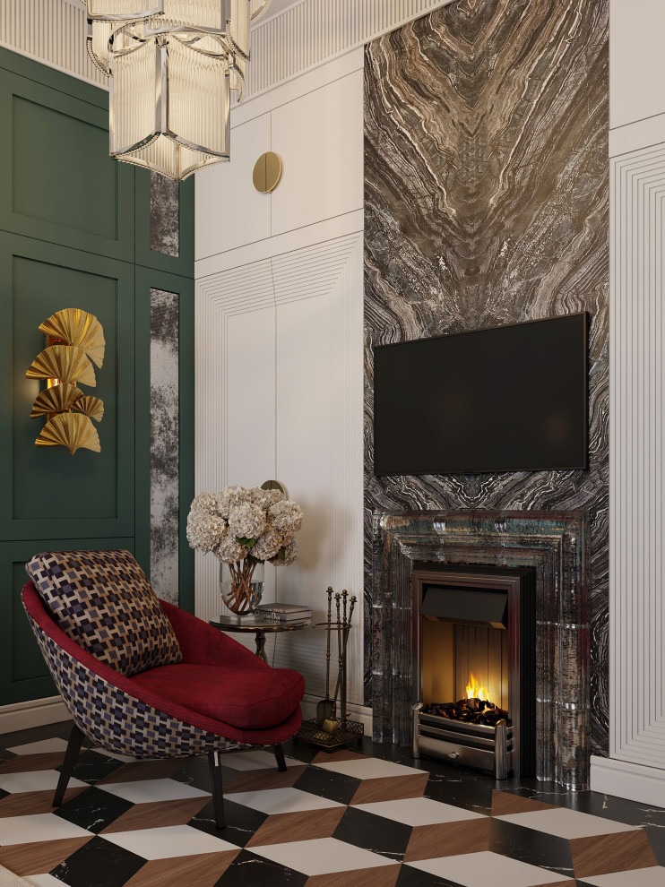 Идея дизайна: гостиная комната в стиле ретро с полом из керамической плитки, стандартным камином и панелями на части стены
