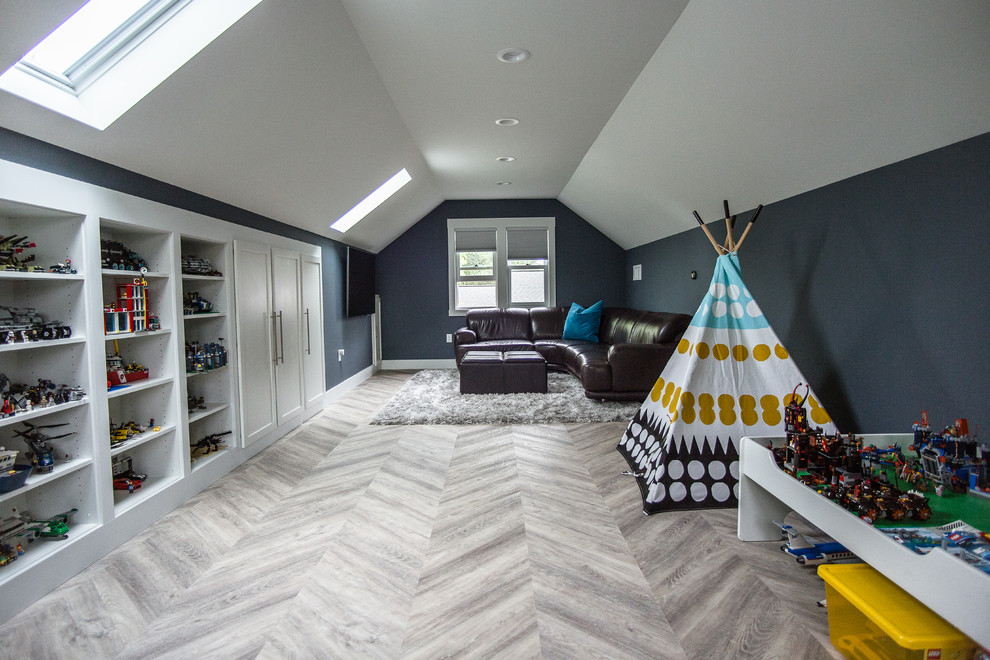Design ideas for a large modern kids' playroom in Other with blue walls, vinyl floors and multi-coloured floor.