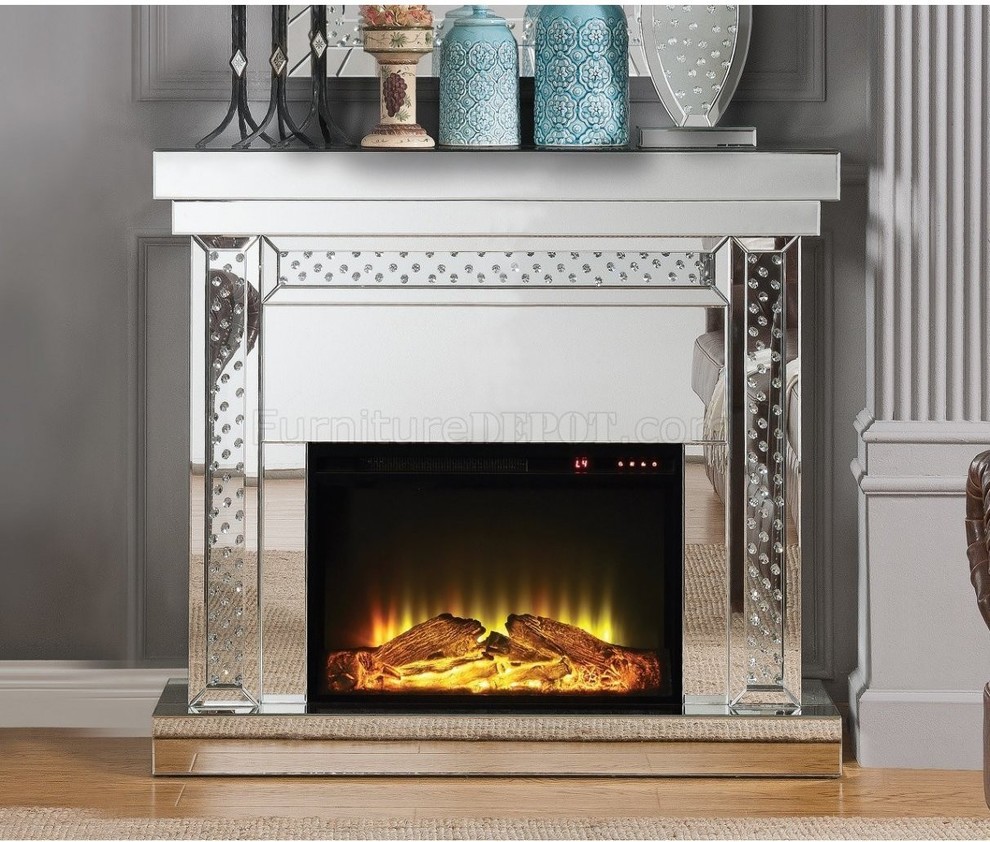 Acme Nysa Fireplace Mirrored And Faux Crystals Contemporary