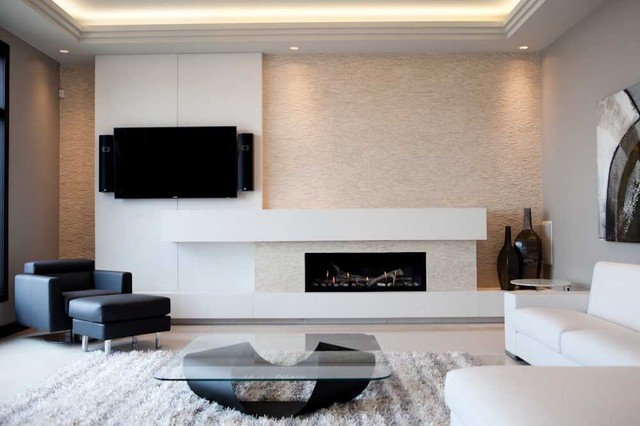 Custom built concrete fireplace surround to fit Majestic linear fireplace.  Built by Dekko Concrete Decor