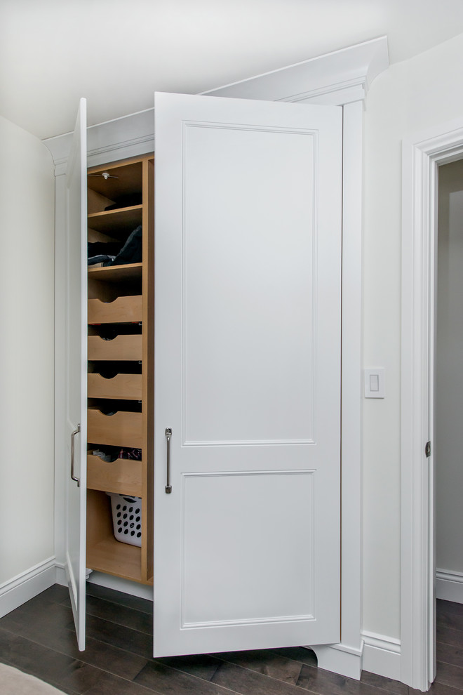 Mid-sized transitional gender-neutral dark wood floor reach-in closet photo in Edmonton with recessed-panel cabinets and white cabinets