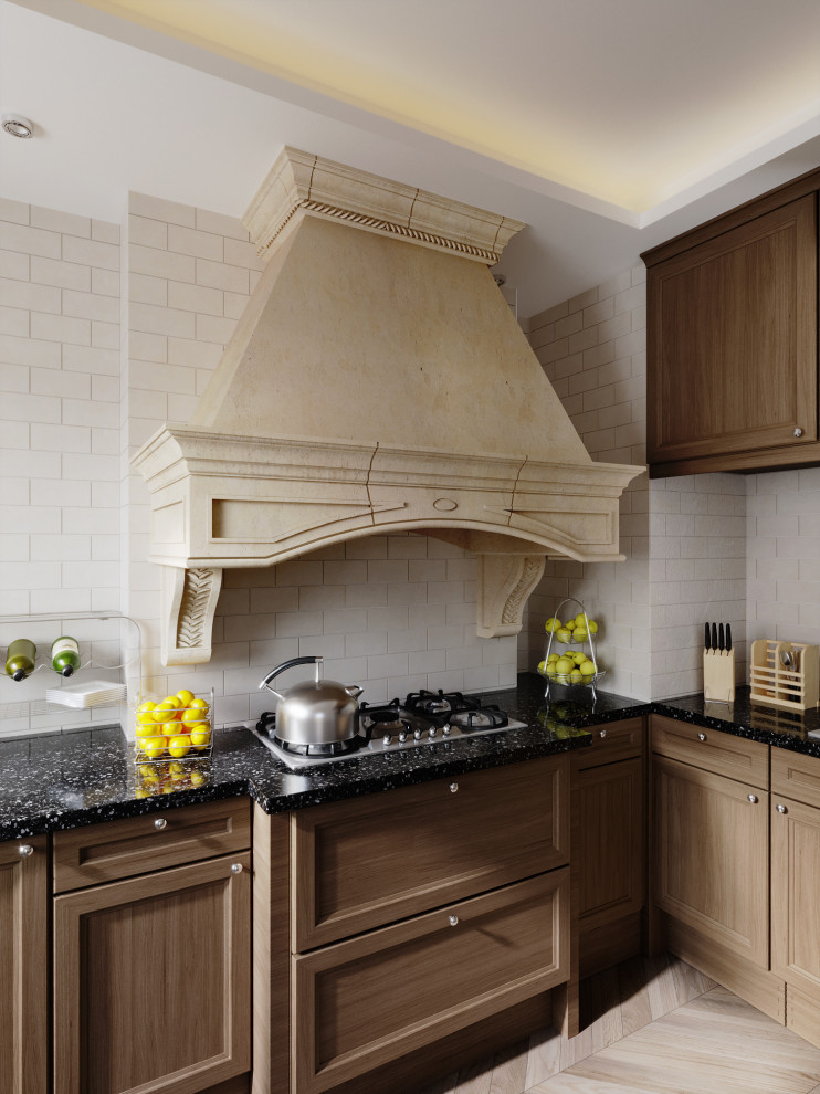 This is an example of a medium sized modern l-shaped kitchen pantry in New York with a built-in sink, open cabinets, white cabinets, wood worktops, white splashback, marble splashback, black appliances, light hardwood flooring, an island, beige floors, brown worktops and a drop ceiling.